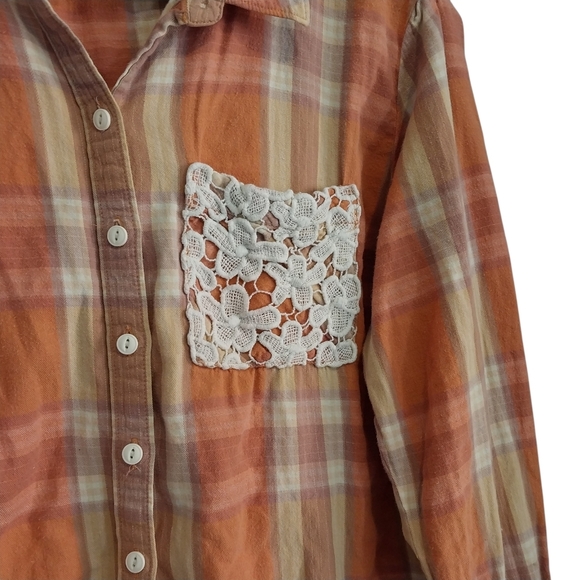 Hippie Laundry Size L Crochet Embellished Plaid Button Cowgirl Long Sleeve Shirt - Picture 6 of 11
